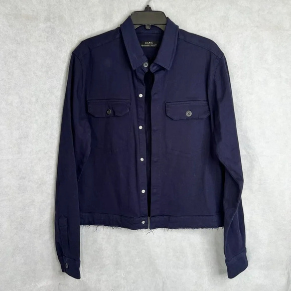 Zara Navy Blue Snap Button Front Casual Twill Jacket Size Medium - Picture 9 of 9